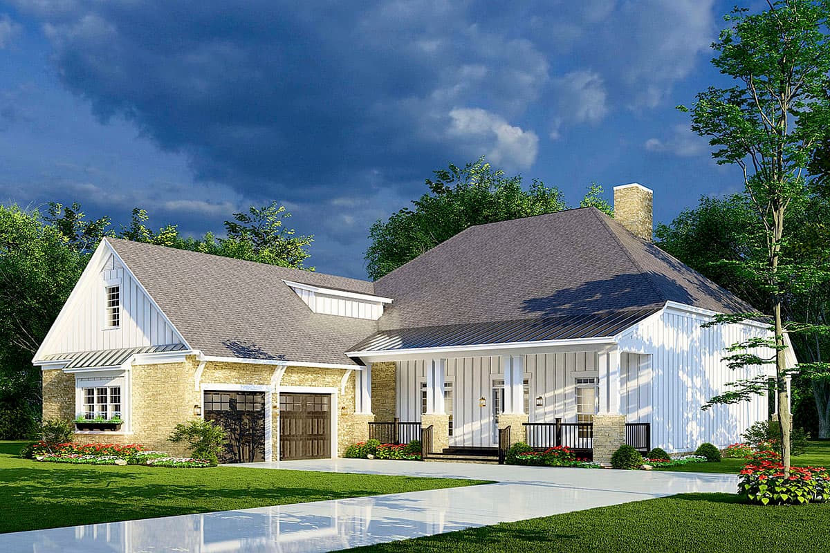 House plan exterior with board and batten siding, Craftsman style, single story, front porch with columns, and a gabled roof.