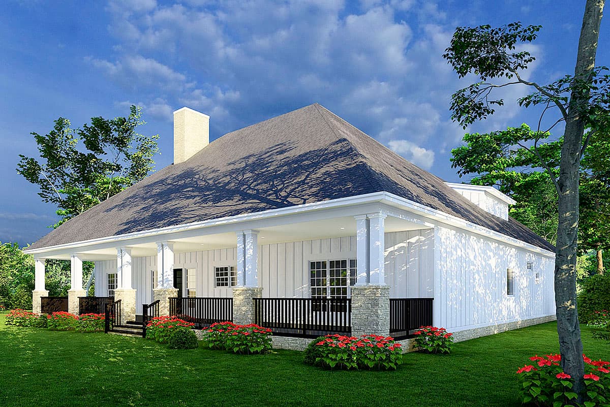 House plan exterior rendering: Ranch style, one story, wide wraparound porch with stone base columns, white board and batten siding.