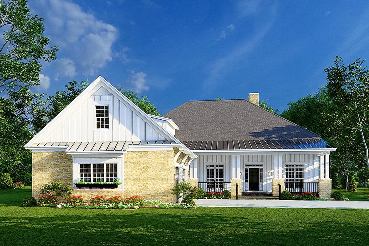 House plan exterior: Modern Farmhouse style, one story, featuring stone accents, front porch with columns, and gabled dormer.