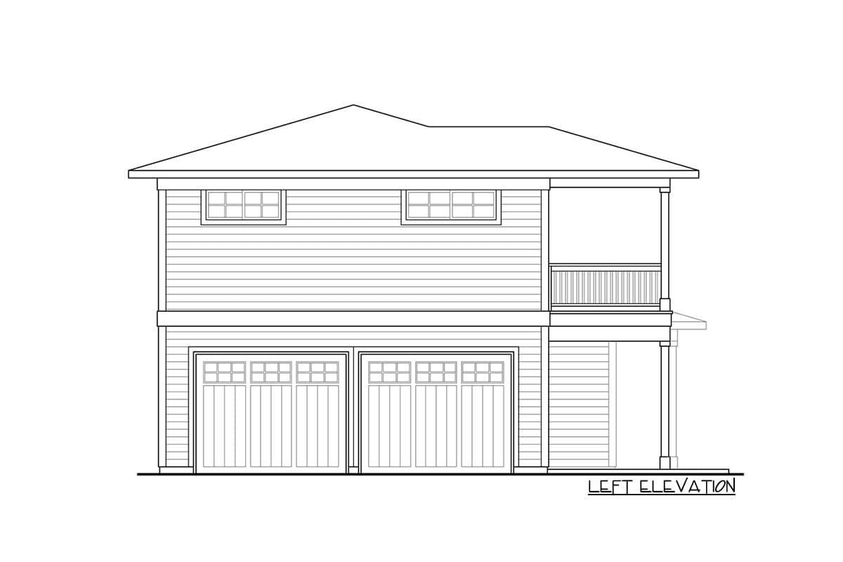 Left elevation house plan with two-car garage, two stories, lap siding, and a second-story porch.