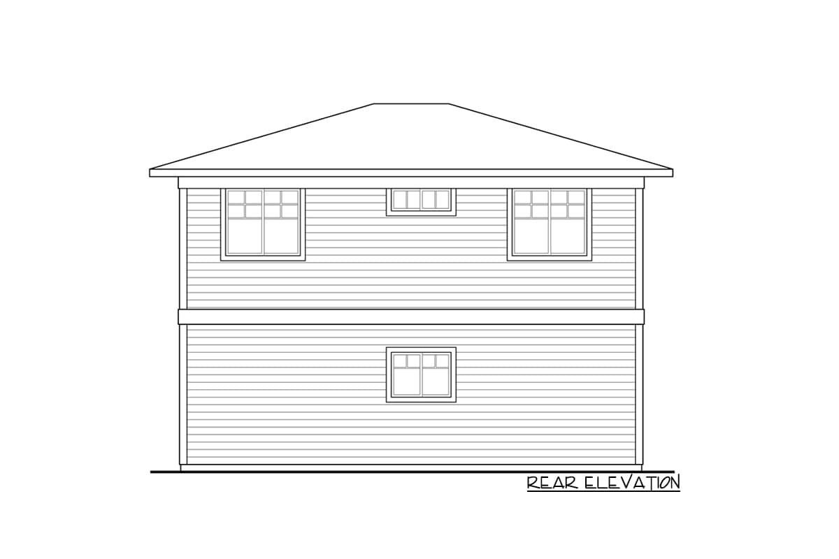Rear elevation drawing of a two-story house plan with clapboard siding and three windows on the upper level and one on the lower.