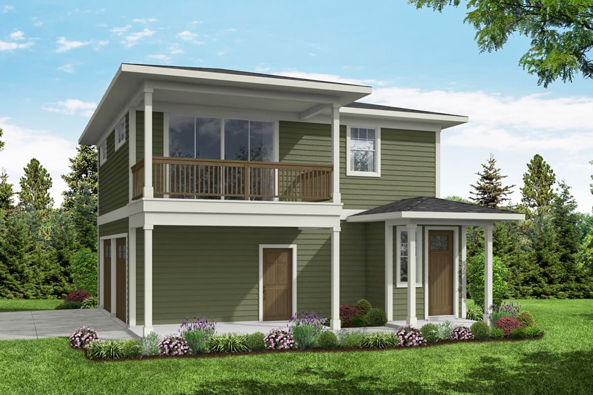 House plan exterior. Two-story, Modern style home with balcony, covered entry porch, and a flat roofline.