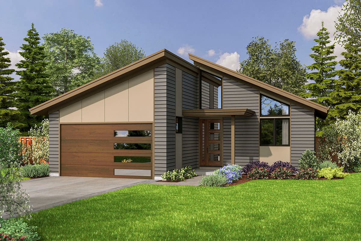 House plan exterior. Modern style with a single story, shed roof, and horizontal siding. Features include a garage and an entry porch.