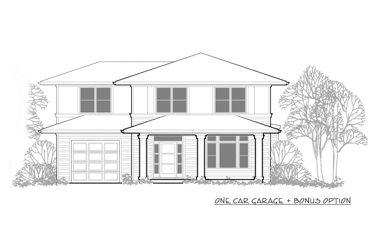 Two-story house plan exterior with a covered front porch, a one-car garage, and multiple windows.