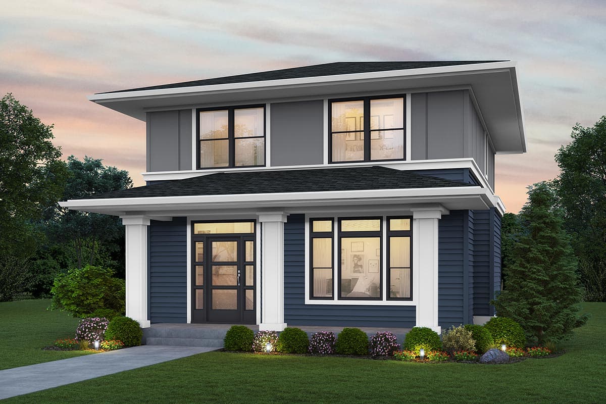 House plan exterior. Two-story modern style home with flat roof and covered porch supported by columns. Features large windows.