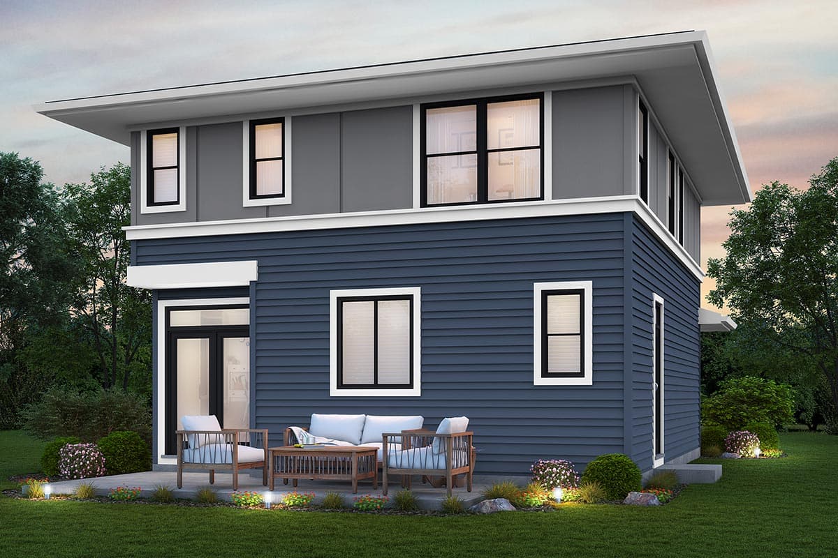 Two-story modern house plan exterior with horizontal siding, flat roof, and multiple rectangular windows.