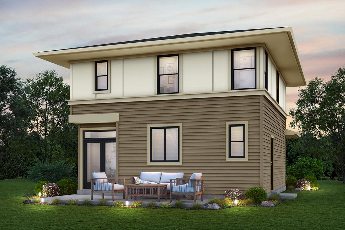 Modern two-story house plan exterior with horizontal siding, flat roof, and patio.
