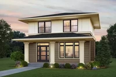 2-Story House Plan with Low-pitched Roof with Deep Overhangs - 1396 Sq Ft