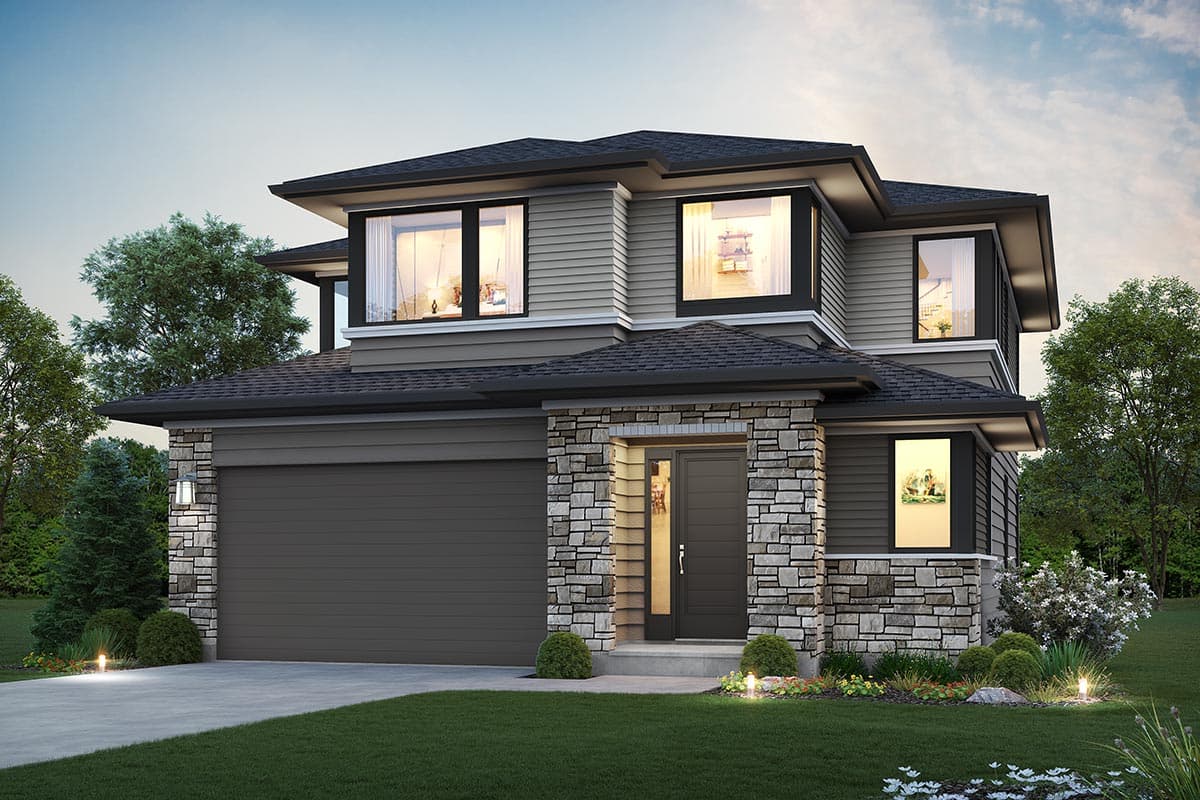 House plan exterior with two stories. Features include stone facade, multiple rooflines, and a two-car garage. Windows have dark trim.