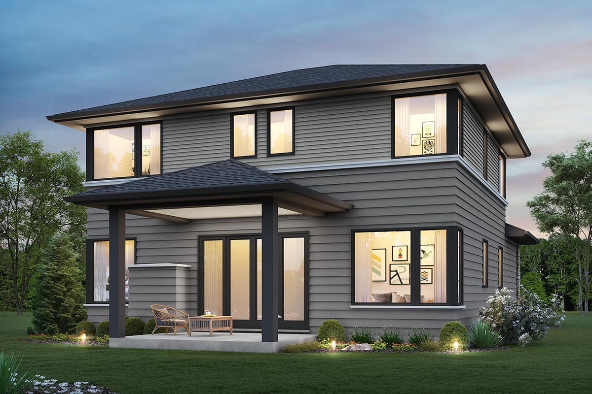 Two-story Modern Farmhouse exterior with horizontal siding, gabled roof, covered patio, and large dark-framed windows.