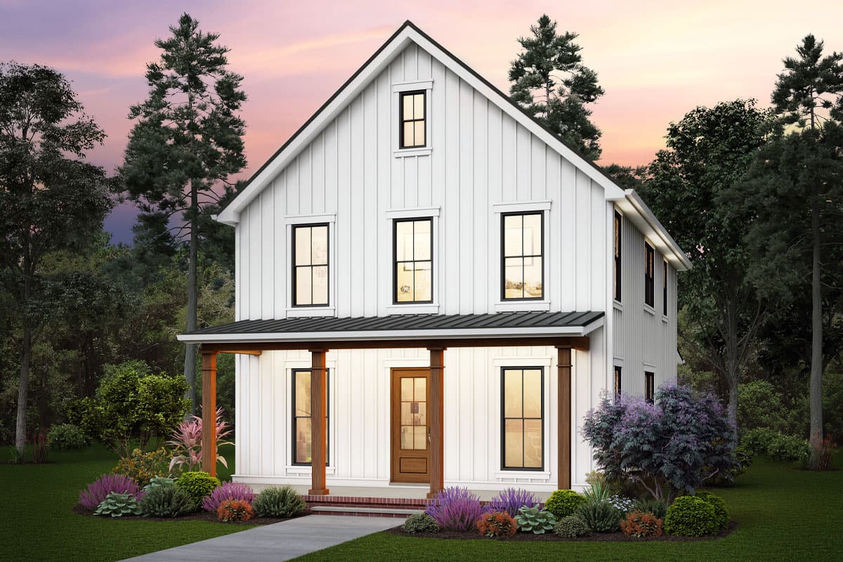 House plan exterior. Two-story Modern Farmhouse with a gable roof, covered porch with columns, and vertical siding. Features black-framed windows.