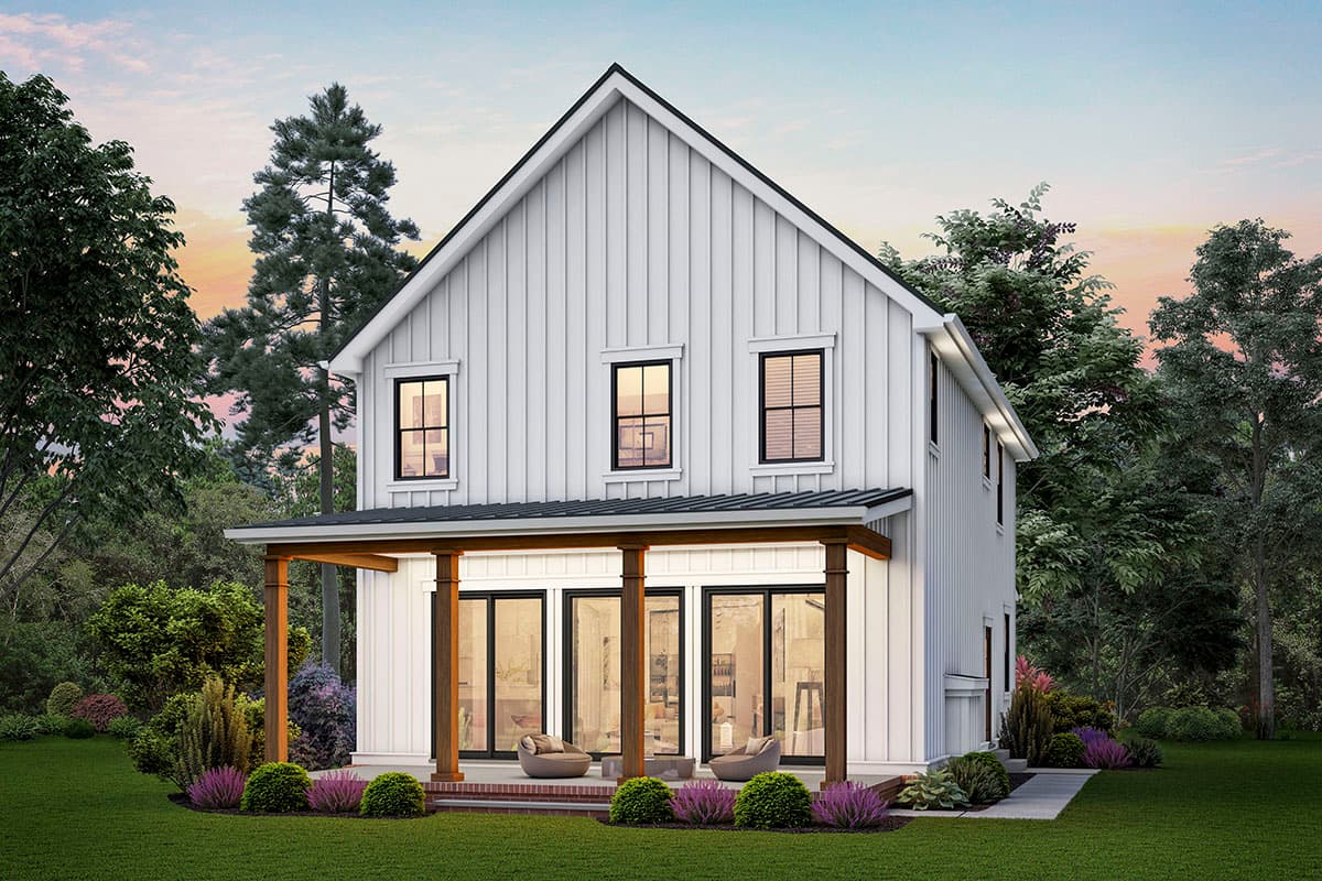 Modern farmhouse house plan exterior with board and batten siding, two stories, covered porch with wood posts, and large sliding glass doors.