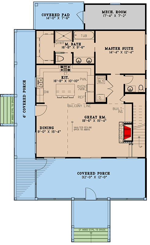 Plan 70747MK: 3-Bed Shingle Cottage with Wraparound Porch - 2013 Sq Ft - Floor Plan - Main Level - Cabin, Cottage, Country, Mountain, Rustic