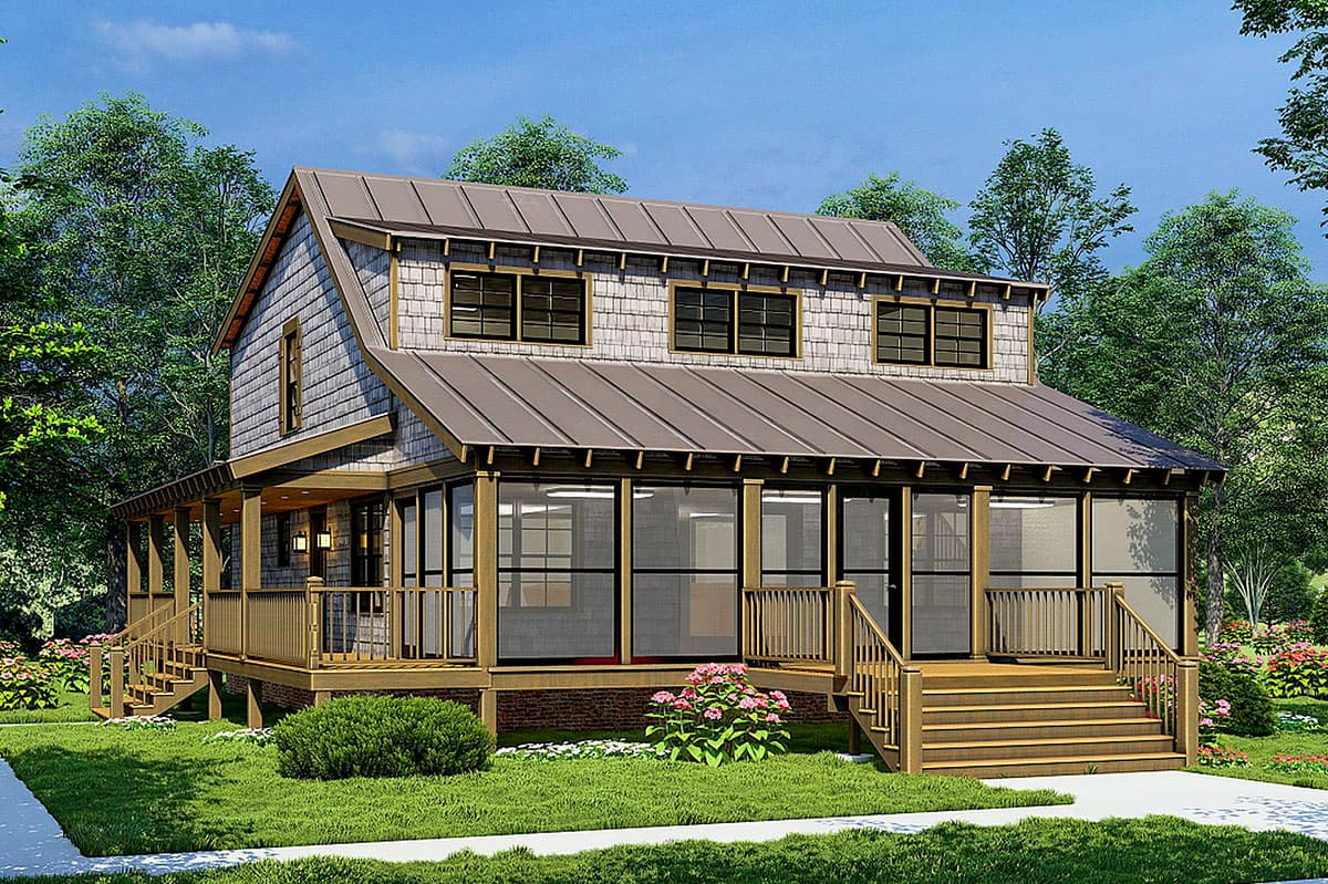 House plan exterior featuring a gambrel roof, gabled dormers, wraparound porch, and screen porch with large windows.