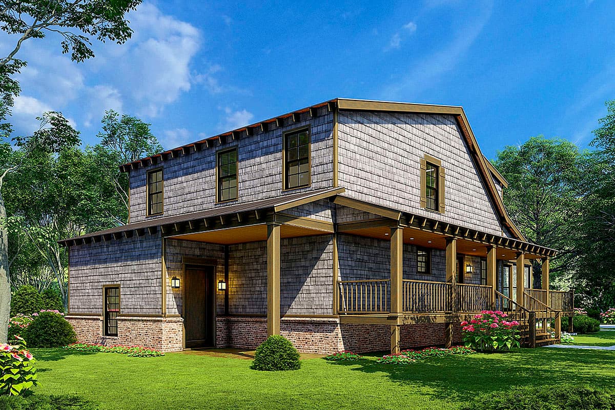 House plan exterior: Two-story home with shingle siding, brick foundation, and a wrap-around porch with wooden railings and supports.
