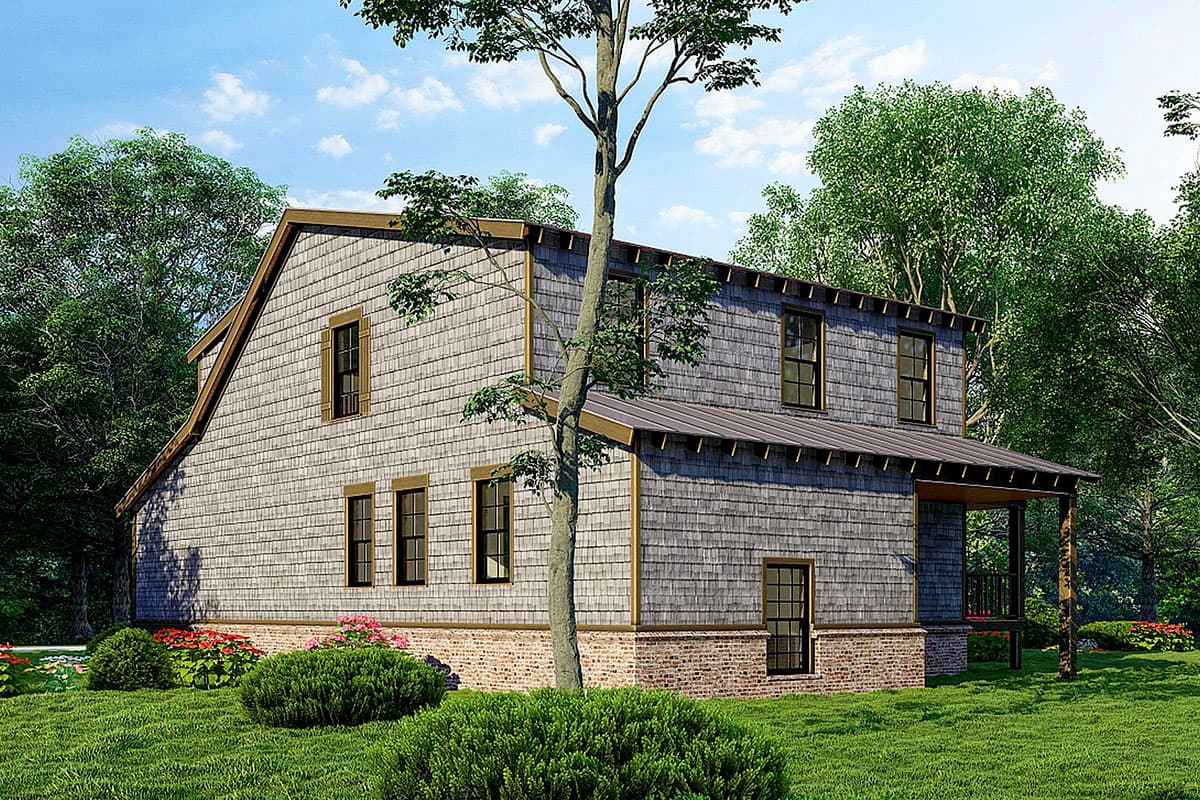House plan exterior of a two-story dwelling with a gambrel roof, cedar shake siding, brick foundation, and a covered front porch.