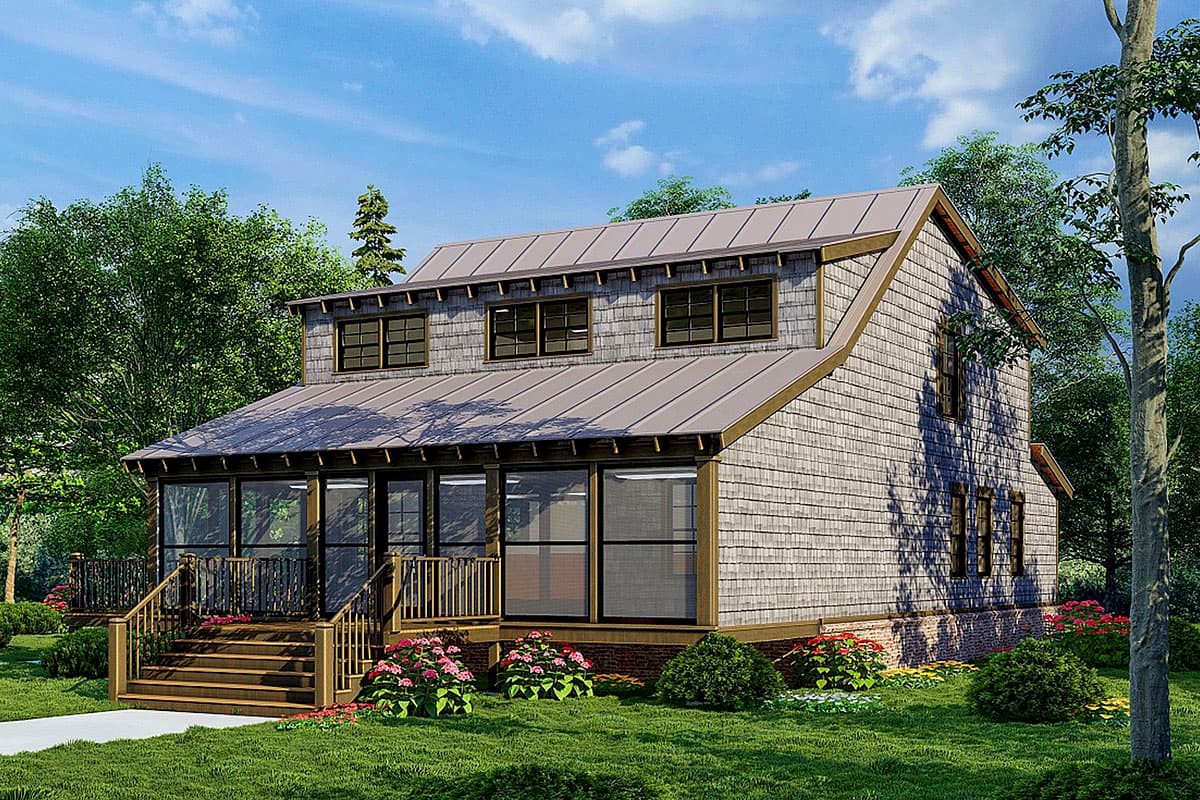 House plan exterior with two stories, shingle siding, a shed-style porch, and gabled roof with dormers.