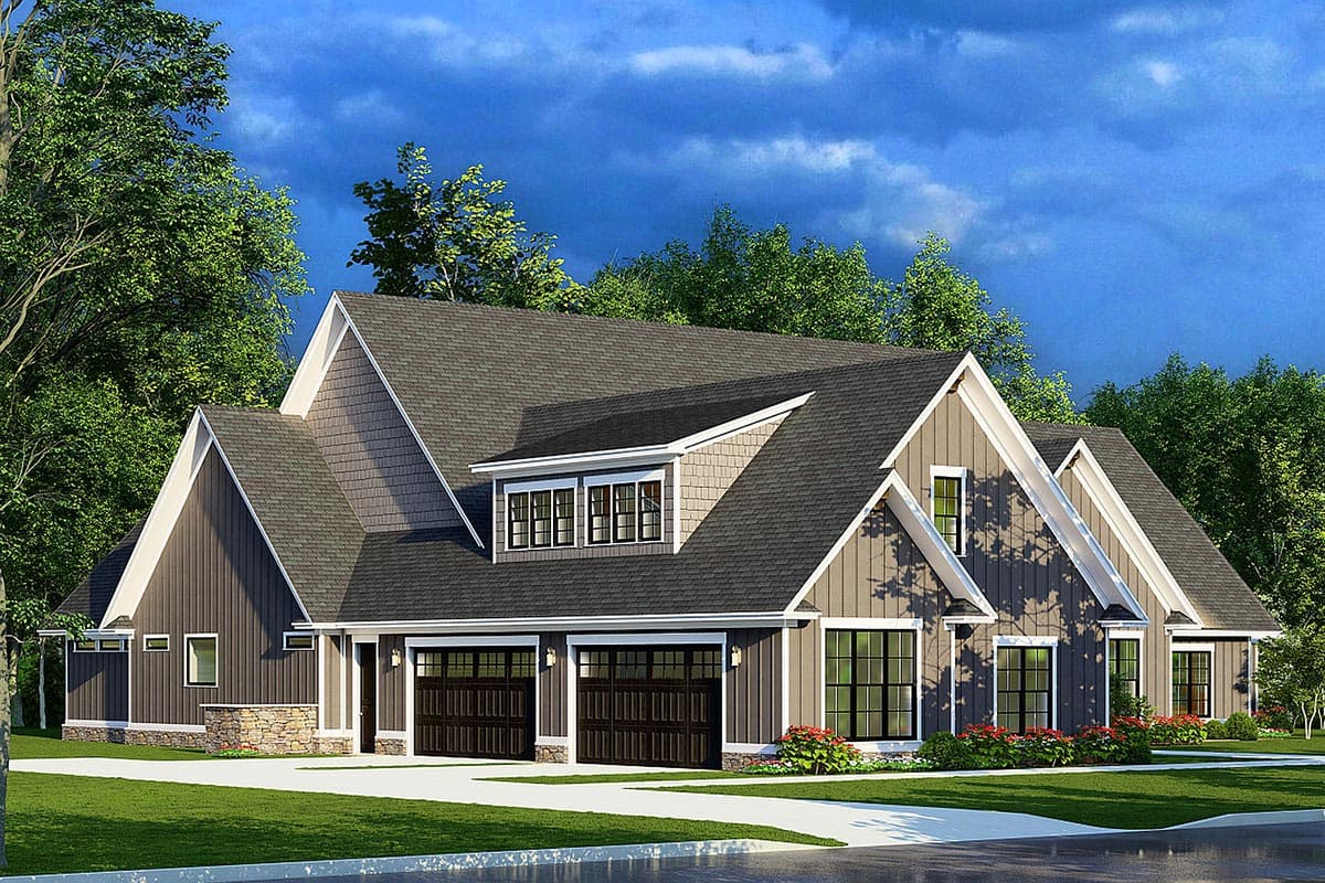 House plan exterior of a two-story Modern Farmhouse with a side-entry garage, multiple gables, and dormer windows.