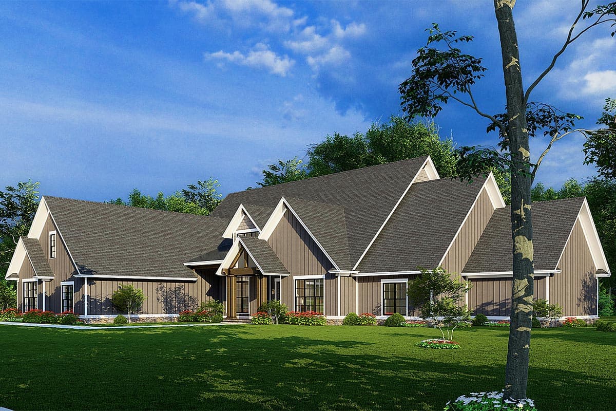 Modern Farmhouse house plan exterior with multiple gables, wood siding, stone accents, and a covered entry.