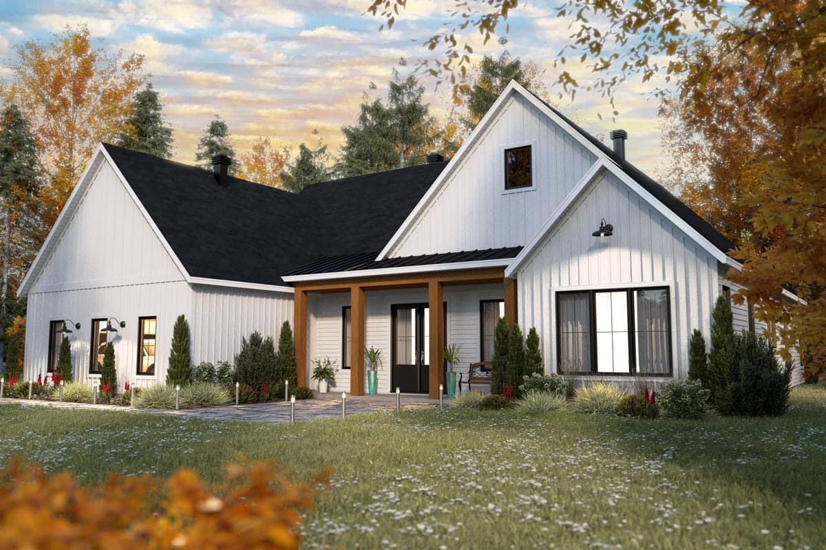 House plan exterior. Modern Farmhouse style with two stories, gabled roof, covered porch, and board-and-batten siding.