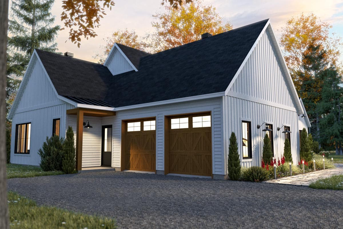 Modern Farmhouse house plan exterior with board and batten siding, a gabled roof, and a two-car garage.