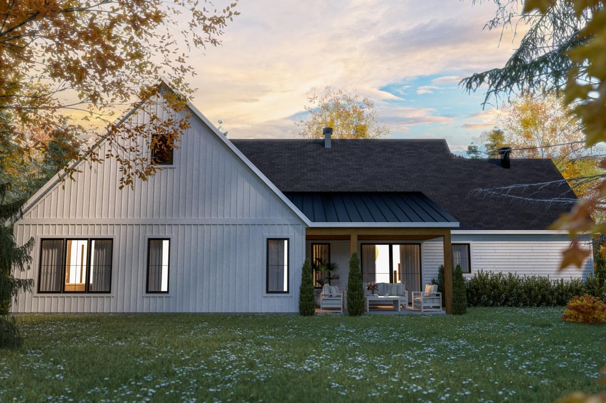 Modern Farmhouse house plan exterior with board-and-batten siding, gable roof, and covered patio.