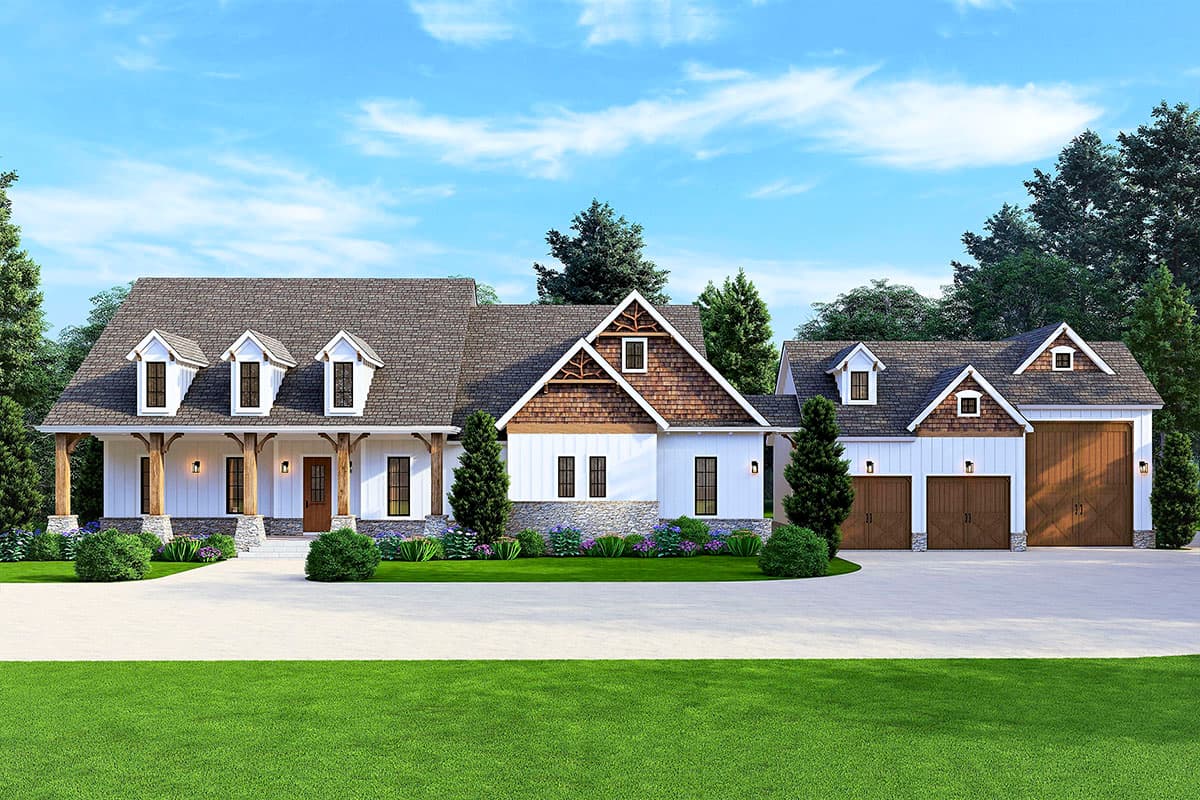 House plan exterior. Modern Farmhouse style with a single story, front porch with columns, gabled roof, and attached garage with dormers.
