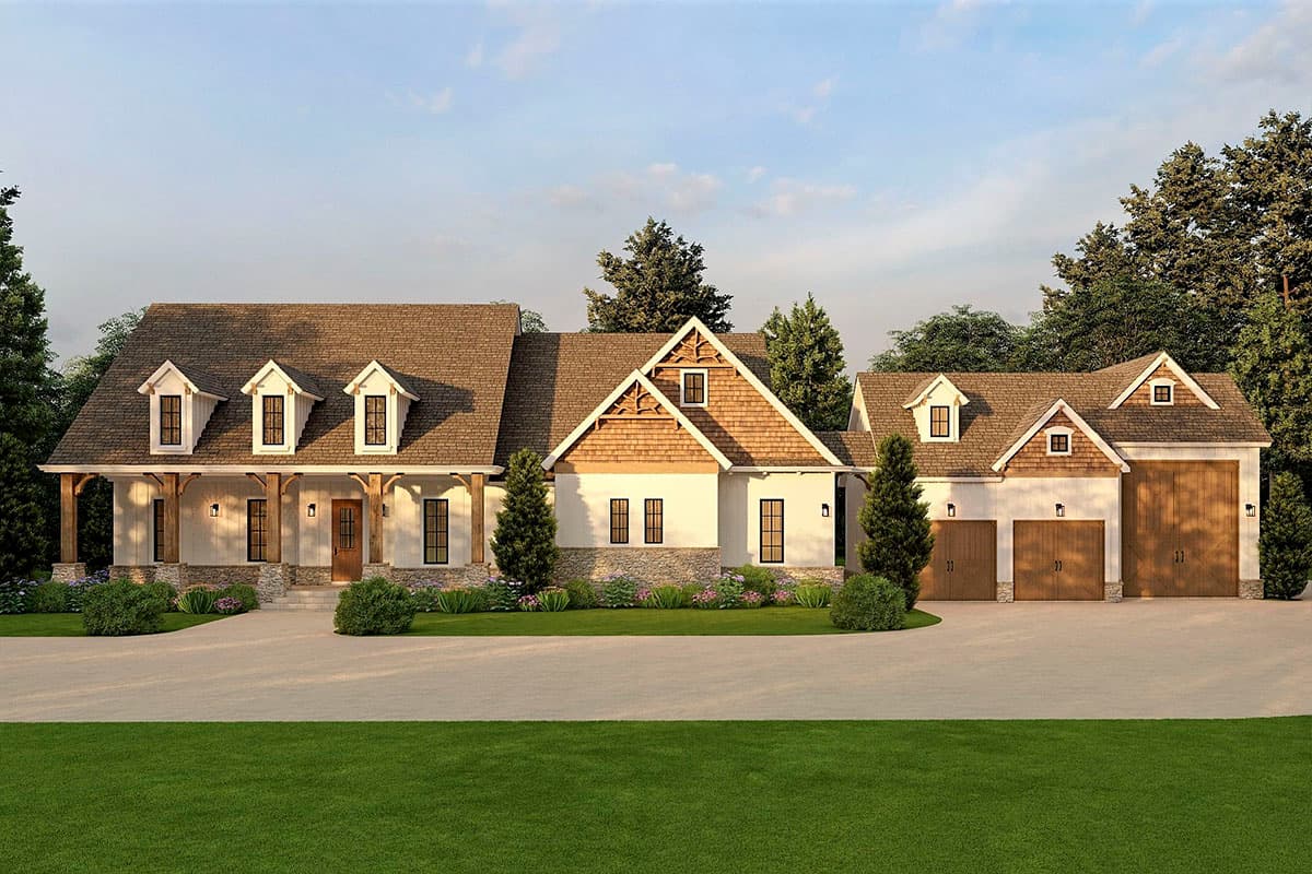 House plan exterior: A white, two-story Modern Farmhouse with a covered porch, dormers, stone accents, and a three-car garage.