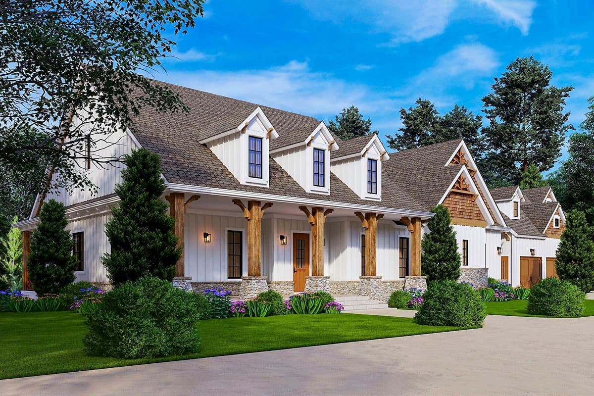 Modern Farmhouse style house plan exterior with board and batten siding, stone base, and covered front porch with timber supports.