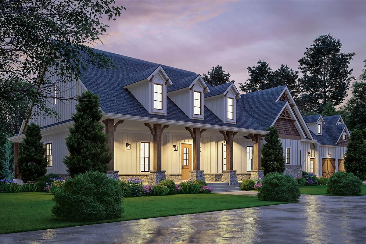 Modern Farmhouse house plan exterior with wide covered porch, stone accents, multiple gables, and dormer windows.