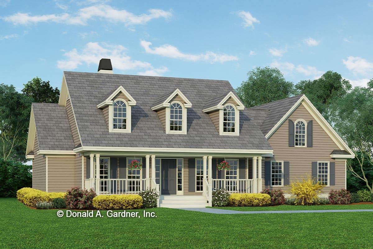 House plan exterior featuring a two-story Colonial style with a front porch, multiple dormers, and gabled rooflines.