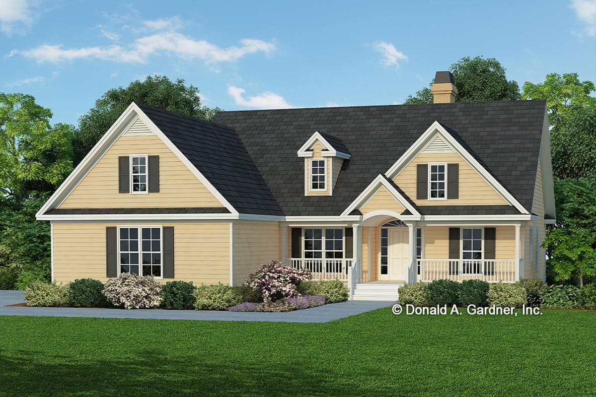 House plan exterior. Ranch style with a front porch, multiple gables, dormers, and a prominent roofline. Features include shutters and a chimney.
