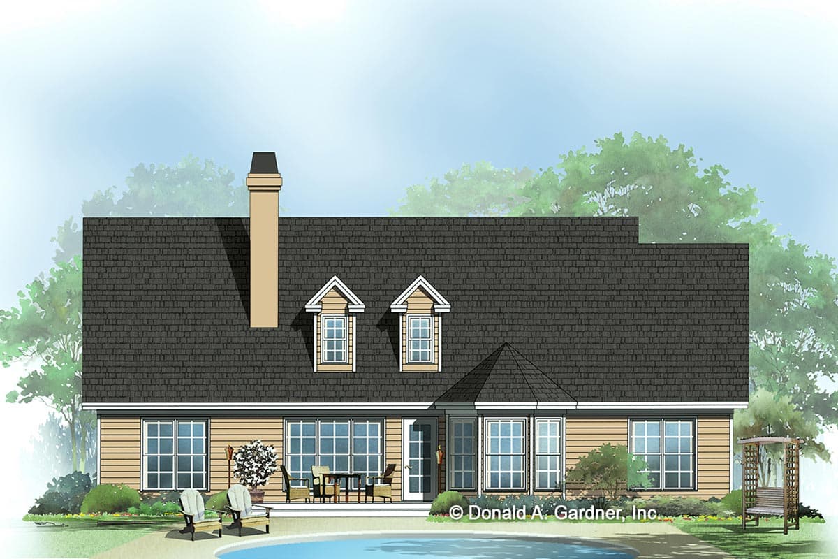 House plan exterior showing a one-story home with a prominent chimney, two gabled dormers, and a hip-roofed bay.