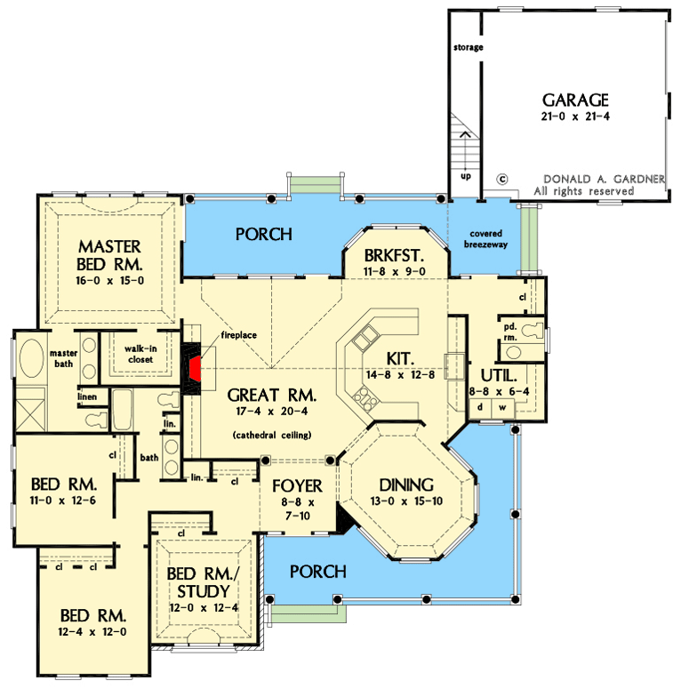 Plan 444285GDN: Country Farmhouse with L-Shaped Front Porch and a Vaulted-and-Open Interior - Floor Plan - Main Level - Country, Farmhouse, Traditional