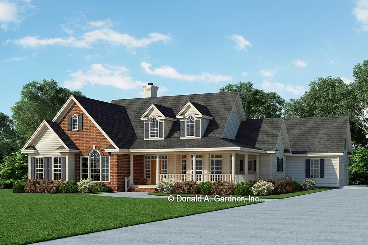 House plan exterior. Two-story Colonial with gabled roof, dormers, and a front porch with columns. Features include brick and siding exterior.