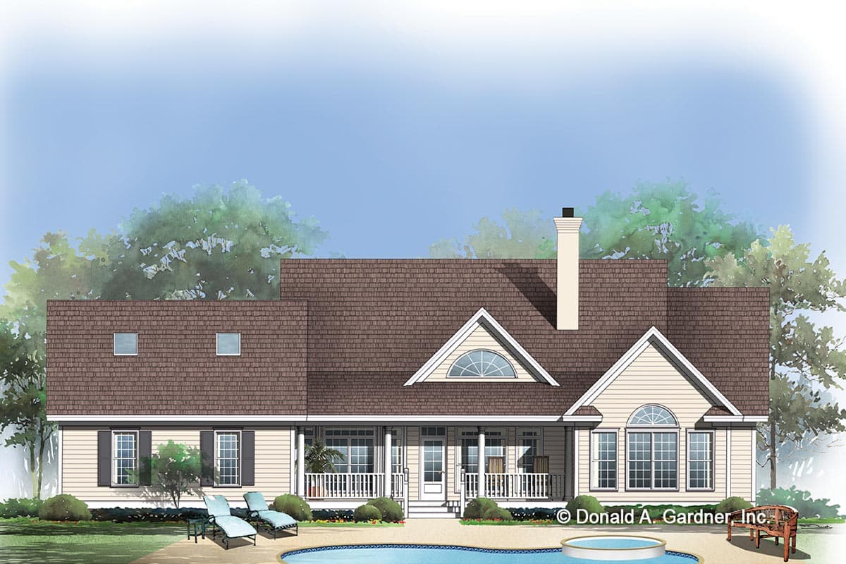 House plan exterior of a one-story home with a covered porch, gables, dormer windows, and a prominent chimney.