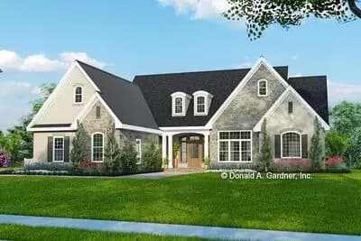 One-Story Stone-and-Stucco House Plan on a Walkout Basement