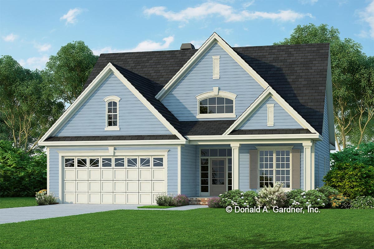 House plan exterior featuring a two-story Craftsman style home with gable roof, dormers, and an attached garage.
