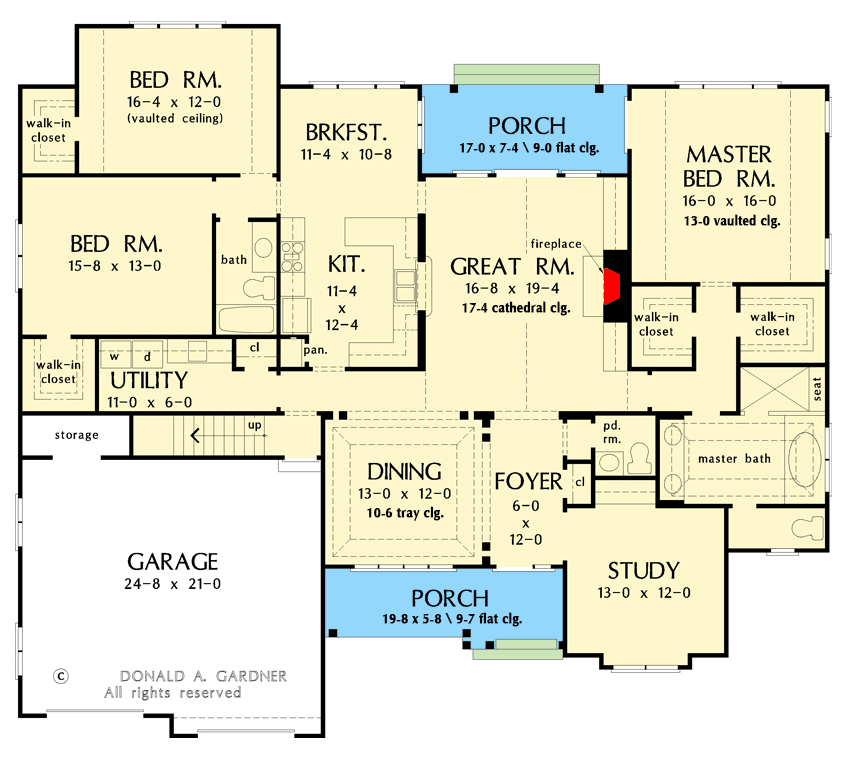Plan 444291GDN: Traditional Ranch Home with Study and Bonus Room - Floor Plan - Main Level - Country, Craftsman, French Country, Southern, Traditional