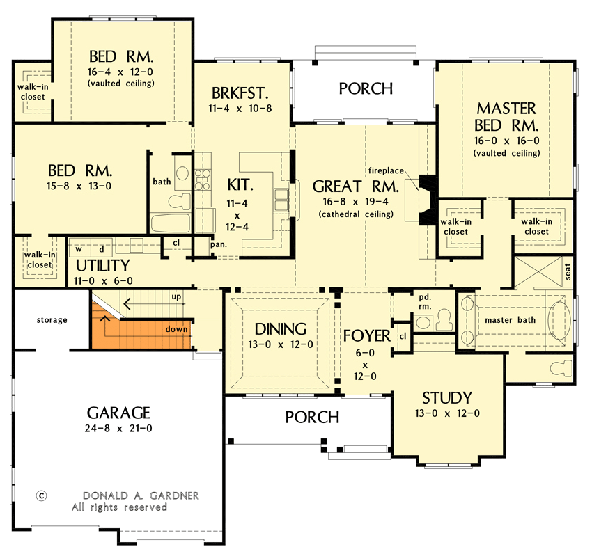 Plan 444291GDN: Traditional Ranch Home with Study and Bonus Room - Floor Plan - Main Level - Basement Stairs Location - Country, Craftsman, French Country, Southern, Traditional