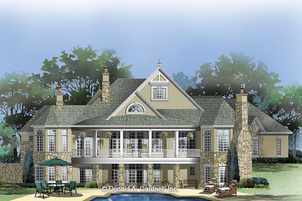 House plan exterior of a multi-story home with stone accents, a second-story balcony, multiple gables, and dormers.
