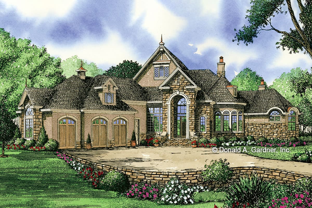 House plan exterior featuring a multi-gabled roof, stone facade, arched entry, and arched garage doors. It appears to be two stories.