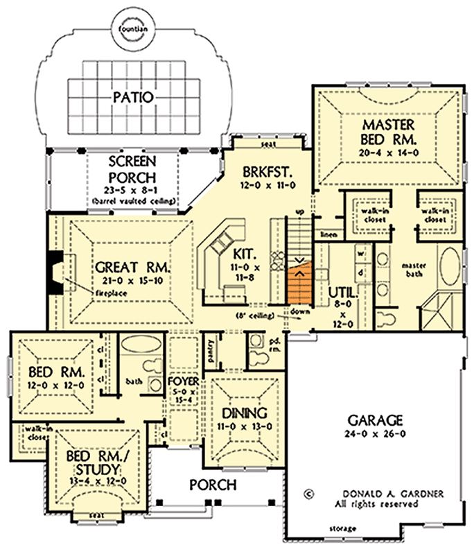 Plan 444298GDN: One-story English Cottage Plan with Bonus Room over Garage - Floor Plan - Basement Stairs Location - Main Floor  - Cottage, Craftsman, New American