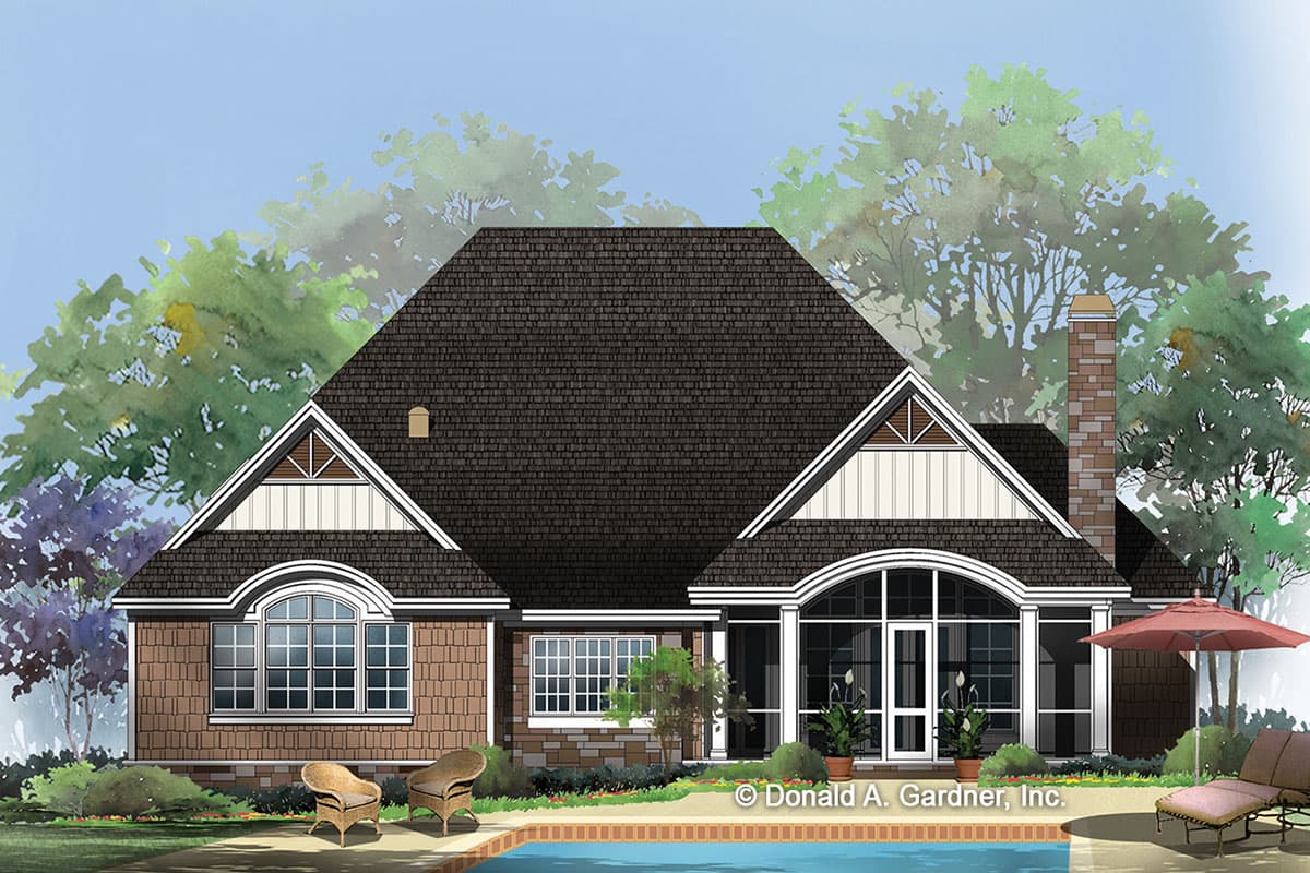 House plan exterior featuring a hip roof, gables with decorative trim, arched windows, and a screened porch.