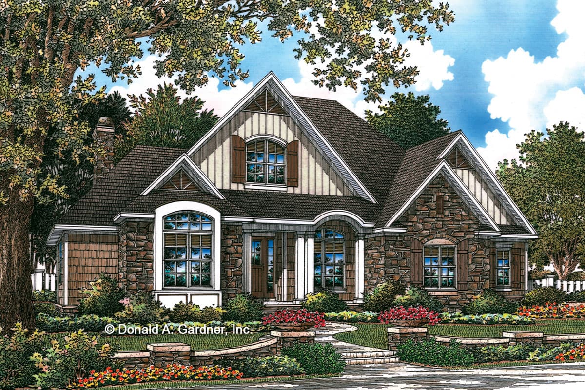 House plan exterior. Craftsman style, one story. Features include stone facade, gabled roof, arched window, and multiple dormers.