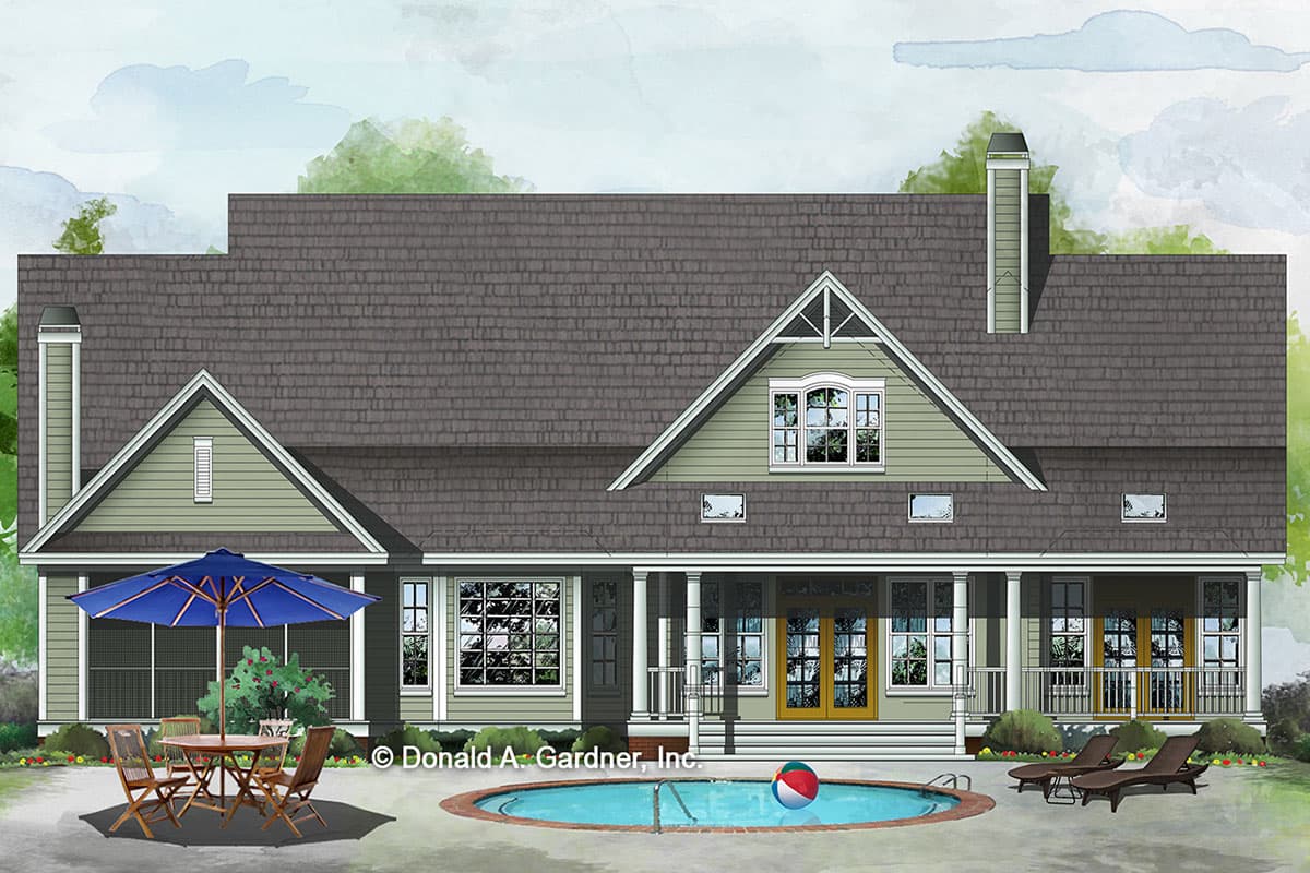 House plan exterior: One-story, light green siding, dark roof, prominent dormer with arched window, covered porch with columns, and double doors.