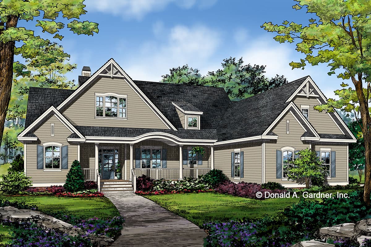 House plan exterior with gambrel roofline, covered porch, and multiple gables.