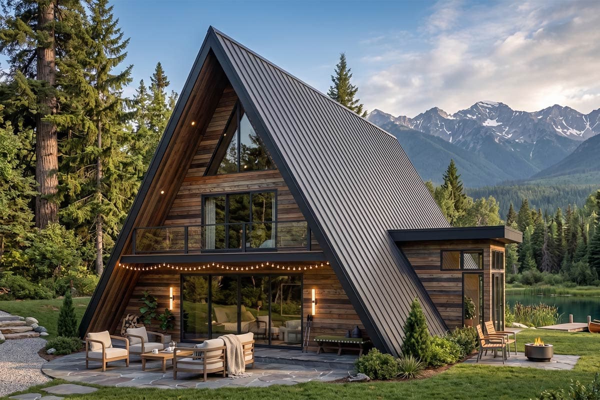 House plan exterior features A-frame design with wood siding, metal roof, and large glass windows.