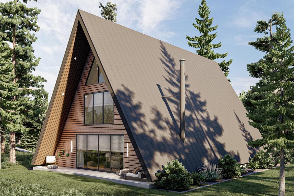 House plan exterior of a two-story A-frame home with wood siding, metal roof, and large windows.