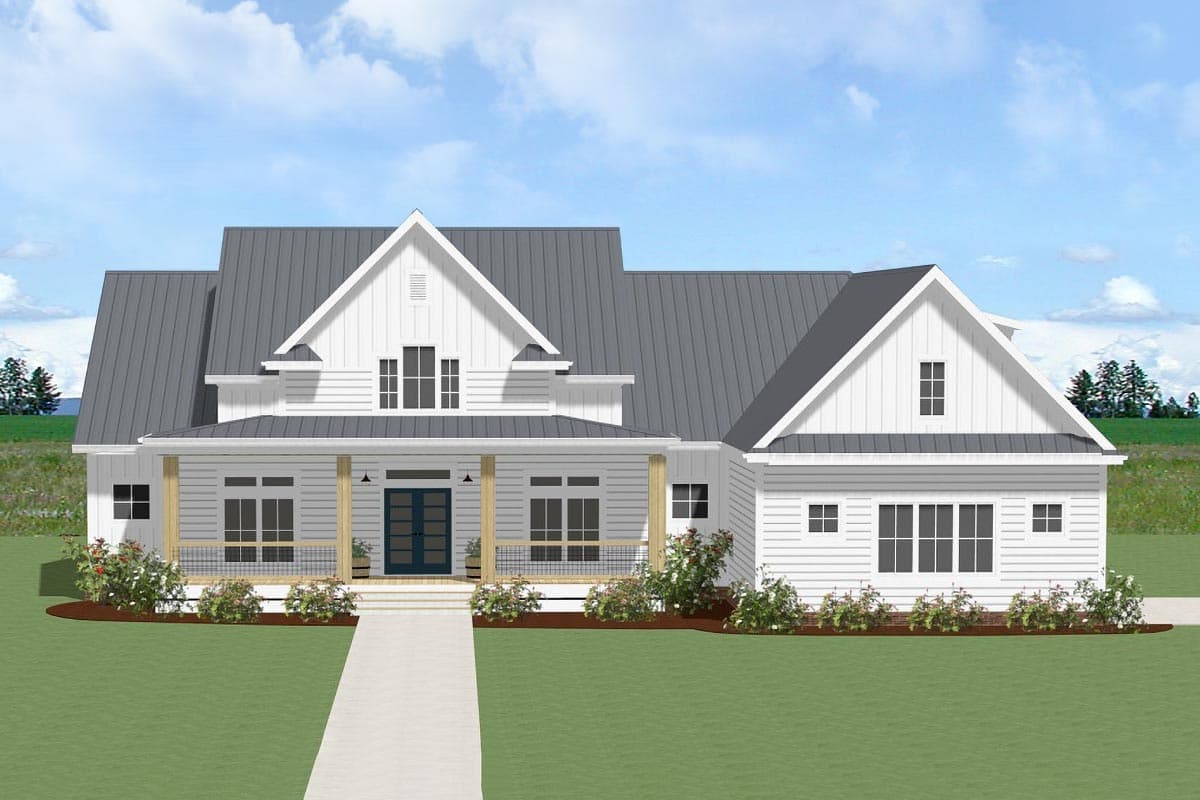 House plan exterior. Modern Farmhouse style with a front porch, gables, and metal roof. Features include dormers and a symmetrical facade.